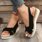 Schwarze Damen-Sandalen mit Keilabsatz, Espadrille-Stil, ideal für Sommermode. Bequeme, trendige Schuhe für Freizeit und Strand.