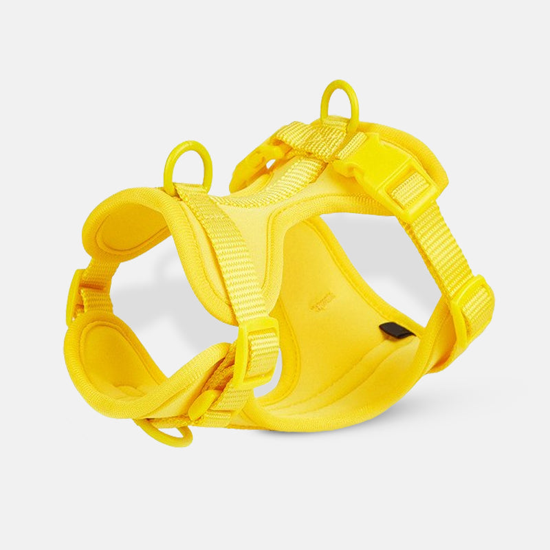 Gelbes Hundegeschirr aus strapazierfähigem Nylon, verstellbar und gepolstert für optimalen Komfort. Ideal für kleine bis mittelgroße Hunde.