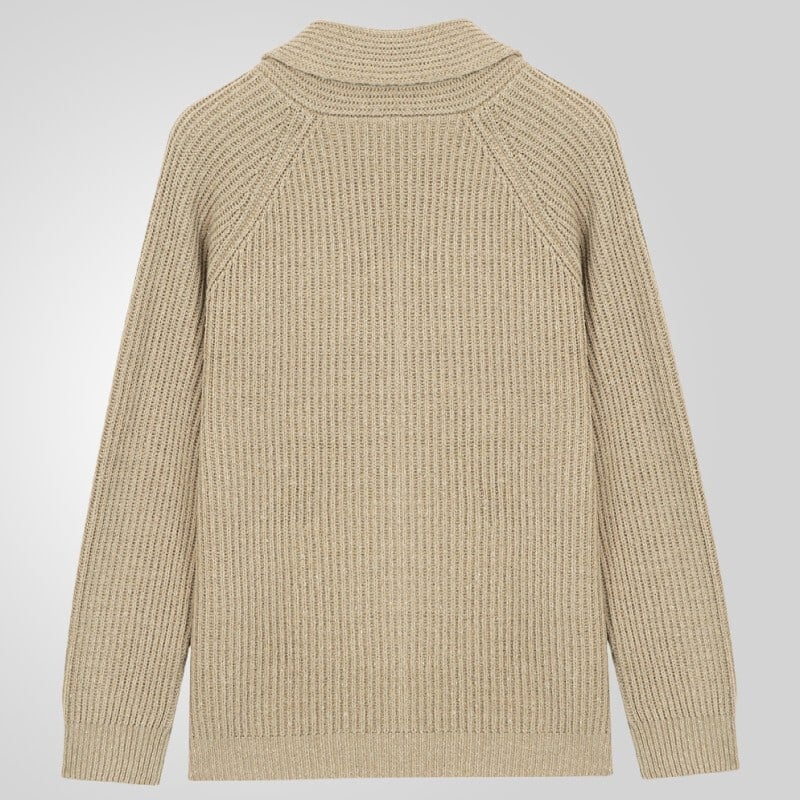 Beiger Strickpullover aus Wolle, langärmelig, mit geripptem Design. Perfekt für Herbstmode, warm und stilvoll. Ideal für Herren und Damen.