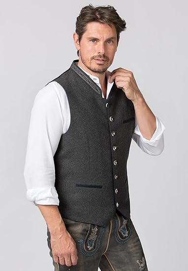 Graue Trachtenweste für Herren, traditionell, mit Knopfleiste und Stehkragen. Perfekt für Oktoberfest, Trachtenmode, bayerische Kleidung.