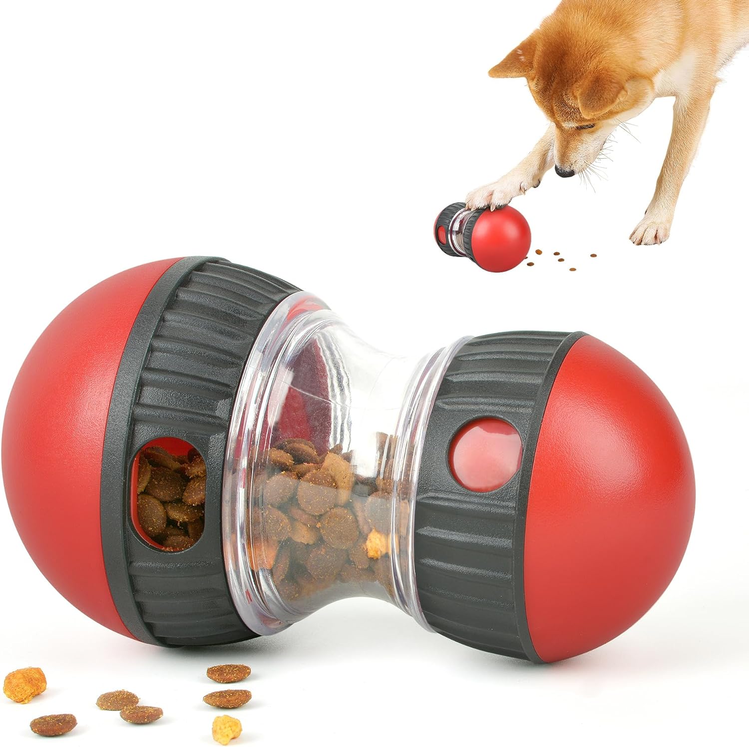 Hundespielzeug Futterspender, interaktiver Snackball, rot-schwarz, langlebig, fördert geistige Stimulation, ideal für kleine und mittlere Hunde.