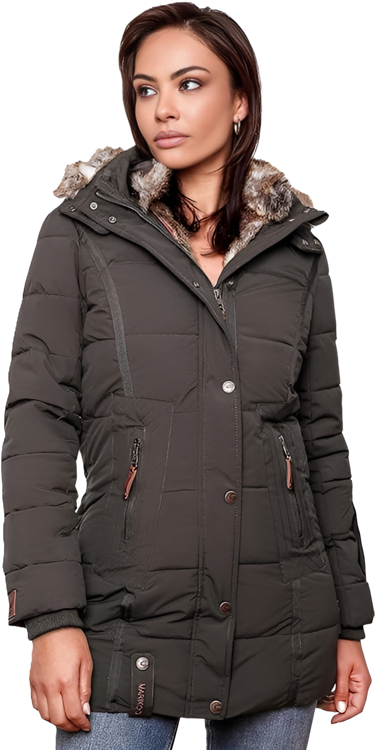 Damen Winterjacke mit Kapuze, warm gefüttert, in Dunkelgrau. Ideal für kalte Tage, modisch und funktional. Perfekt für Outdoor-Aktivitäten.