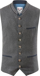 Graue Herren-Trachtenweste mit Stehkragen, Knopfleiste und Taschen. Traditionelle bayerische Mode, ideal für Oktoberfest und festliche Anlässe.