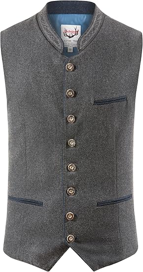 Graue Herren-Trachtenweste mit Stehkragen, Knopfleiste und Taschen. Traditionelle bayerische Mode, ideal für Oktoberfest und festliche Anlässe.