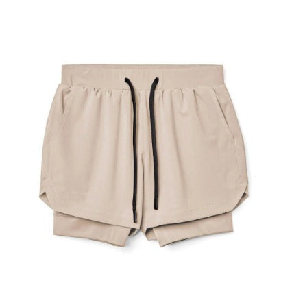 Beige Damen-Shorts mit schwarzem Kordelzug, doppellagig, bequem, modisch, Sommerkleidung.