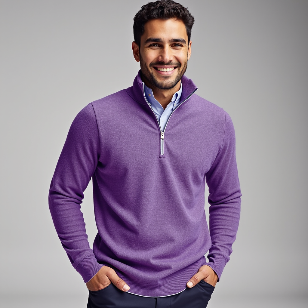 Lila Herrenpullover mit Reißverschluss, stilvoll und modern. Perfekt für Herbstmode, kombiniert mit Hemd. Elegante Herrenbekleidung.