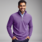 Lila Herrenpullover mit Reißverschluss, stilvoll und modern. Perfekt für Herbstmode, kombiniert mit Hemd. Elegante Herrenbekleidung.