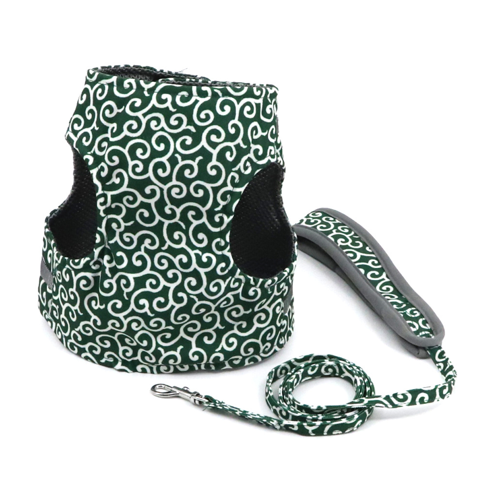 Grünes Hundegeschirr mit Leine, stilvolles Spiralmuster, atmungsaktiv, ideal für kleine Hunde, komfortabel und sicher, hochwertiges Material.