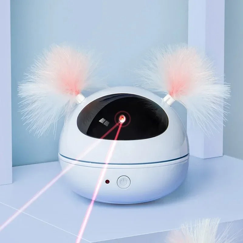Weißer Katzenlaser-Spielzeug mit flauschigen Ohren, interaktiv, für Haustiere, batteriebetrieben.