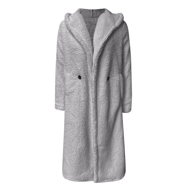 Grauer Damen Teddy-Mantel mit Kapuze, kuschelig und warm, ideal für Herbst und Winter. Modischer, langer Schnitt, perfekt für kalte Tage.