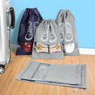 Reise-Schuhbeutel Set, grau und blau, wasserdicht, mit Kordelzug, ideal für Gepäckorganisation.