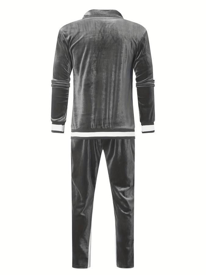 Grauer Samt-Trainingsanzug für Herren, langärmelig, modisch, bequem, Freizeitkleidung.