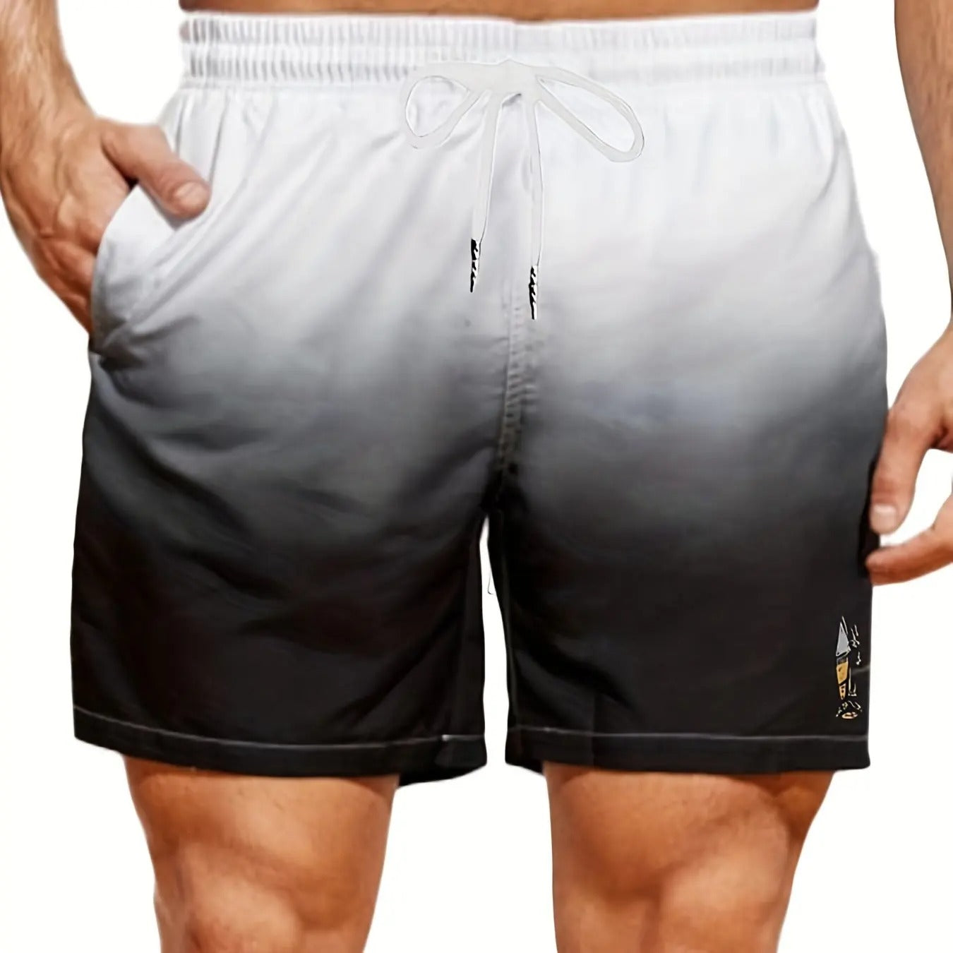 Herren Badeshorts, schwarz-weiß, Ombre-Design, Kordelzug, Sommermode, Strandbekleidung