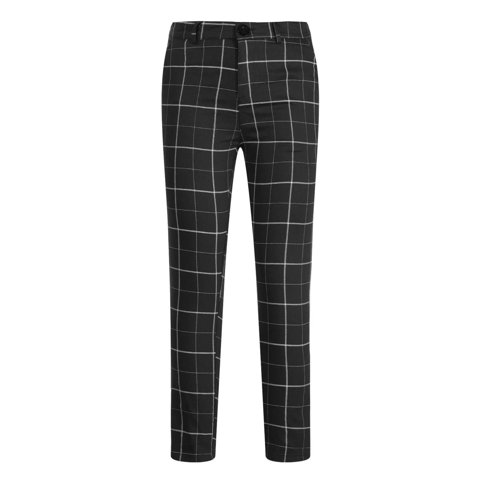 Schwarze karierte Hose, Herrenmode, Baumwolle, elegantes Design, kariertes Muster.