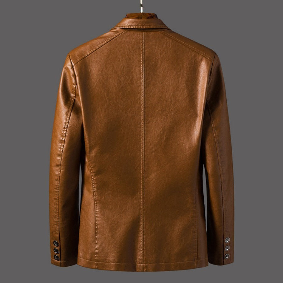 Herren-Lederjacke in Braun, schlanker Schnitt, koreanischer Stil, mit Reverskragen. Perfekt für Business und Mode. Hochwertiges PU-Material.