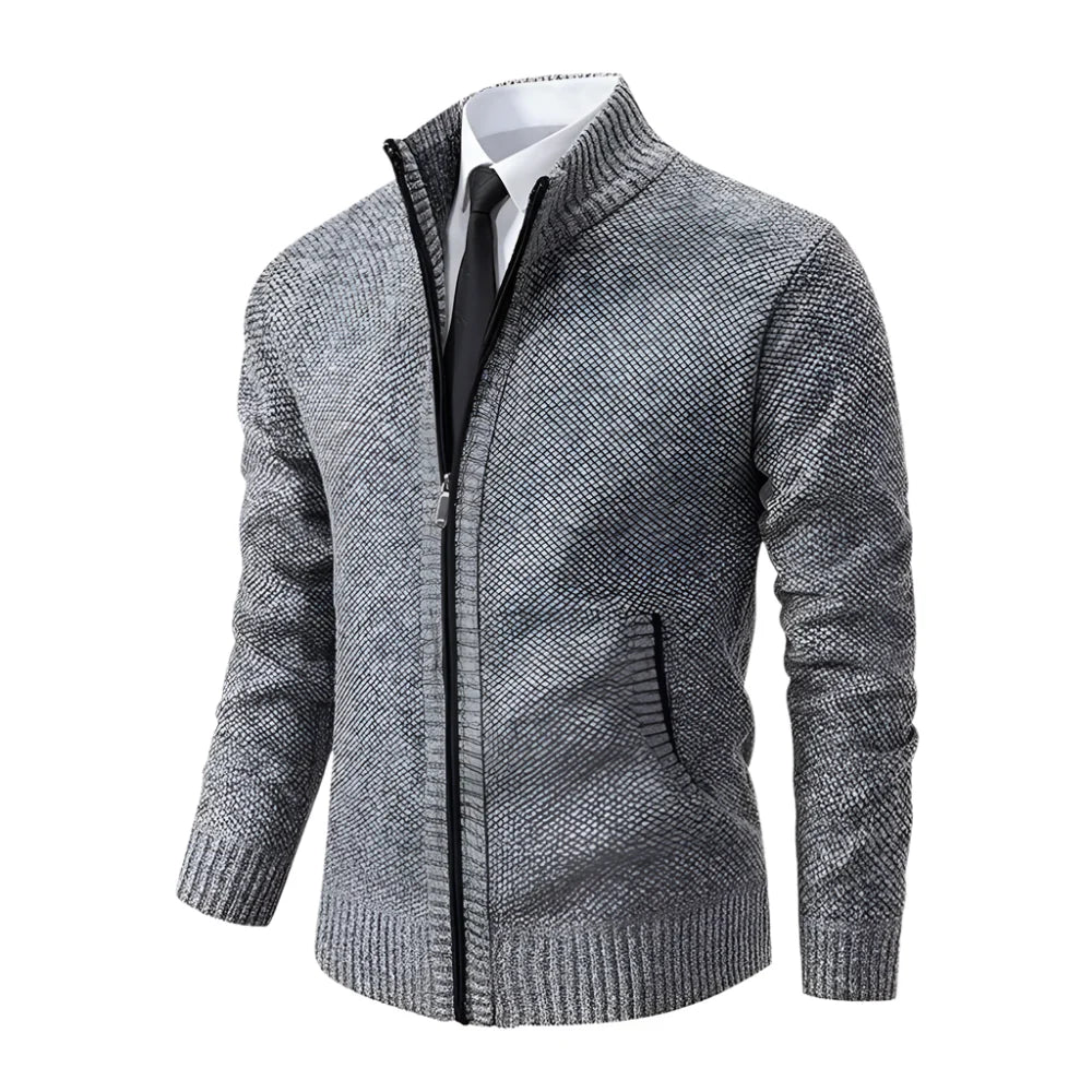 Grauer Herren-Strickjacke mit Reißverschluss, elegantes Design, ideal für Business-Mode.
