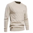 Beiger Herrenpullover mit Rautenmuster, Rundhalsausschnitt und langen Ärmeln. Stilvoller Strickpullover, ideal für Herbstmode und Freizeitkleidung.