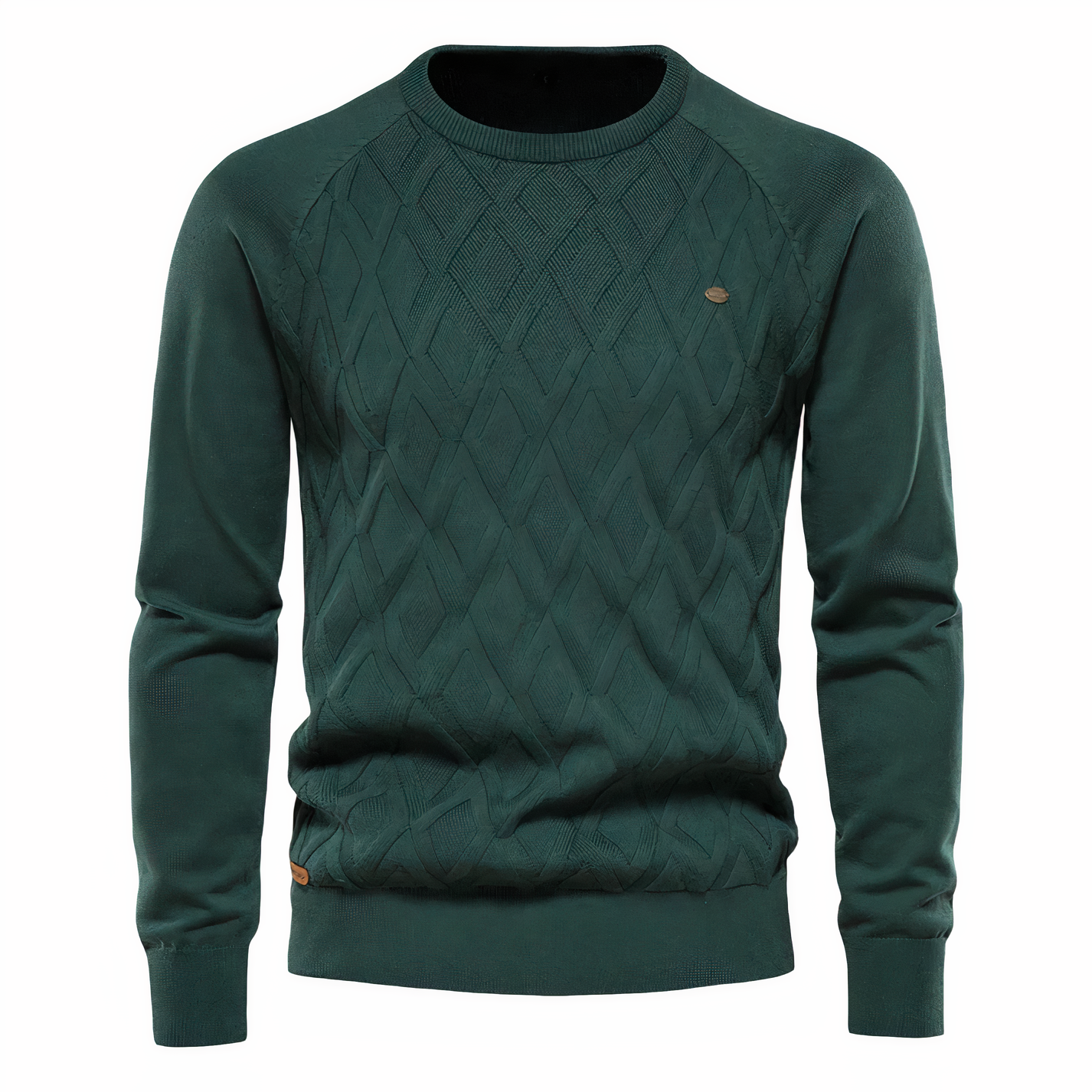 Grüner Strickpullover für Herren, Rautenmuster, Rundhalsausschnitt, weiche Baumwolle, modisch, bequem, ideal für Herbst und Winter.
