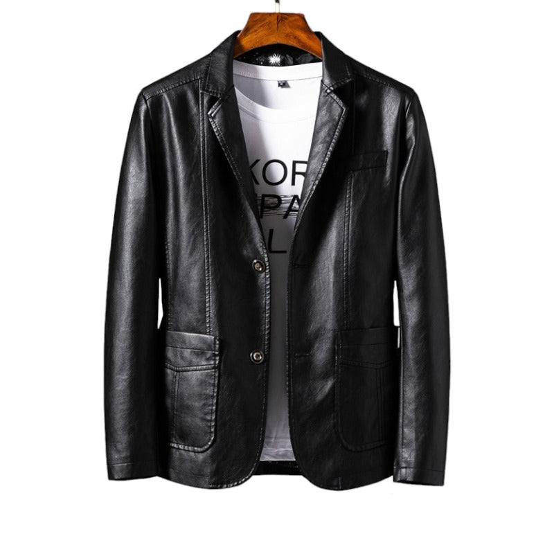 Herren-Lederjacke mit Revers, Business-Stil, PU-Blazer, koreanisches Design, schlanke Passform, modisch, ideal für elegante Anlässe.