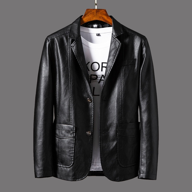 Herren Lederjacke, schwarzes PU-Material, modischer Blazer im koreanischen Stil, schlankes Design, ideal für Business und Freizeit.