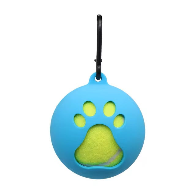 Blauer Hundespielzeughalter mit Pfotenabdruck-Design, ideal für Tennisbälle. Praktisches Zubehör für Hunde, robust und leicht zu befestigen.