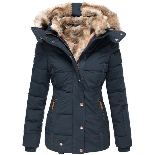 Damen Winterjacke mit Kapuze, Kunstfellfutter, schwarz, warm, stilvoll, ideal für kalte Tage, modisch, funktional, hochwertige Materialien.