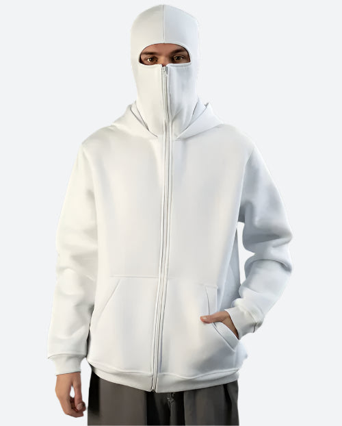 Weiße Kapuzenjacke mit integriertem Gesichtsschutz, Reißverschluss, Unisex, modisch, bequem.