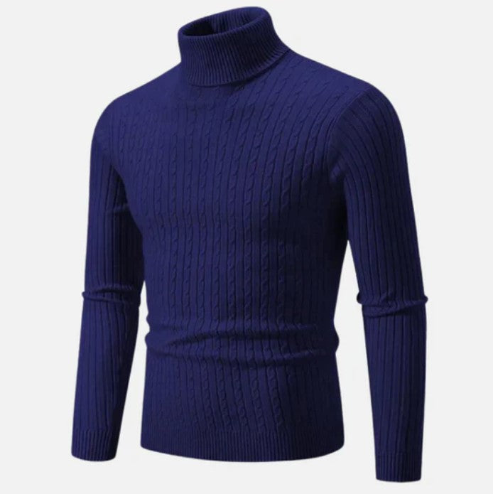 Dunkelblauer Rollkragenpullover aus Strick, Herrenmode, stilvoll und warm, ideal für Herbst und Winter. Hochwertige Materialien, zeitloses Design.