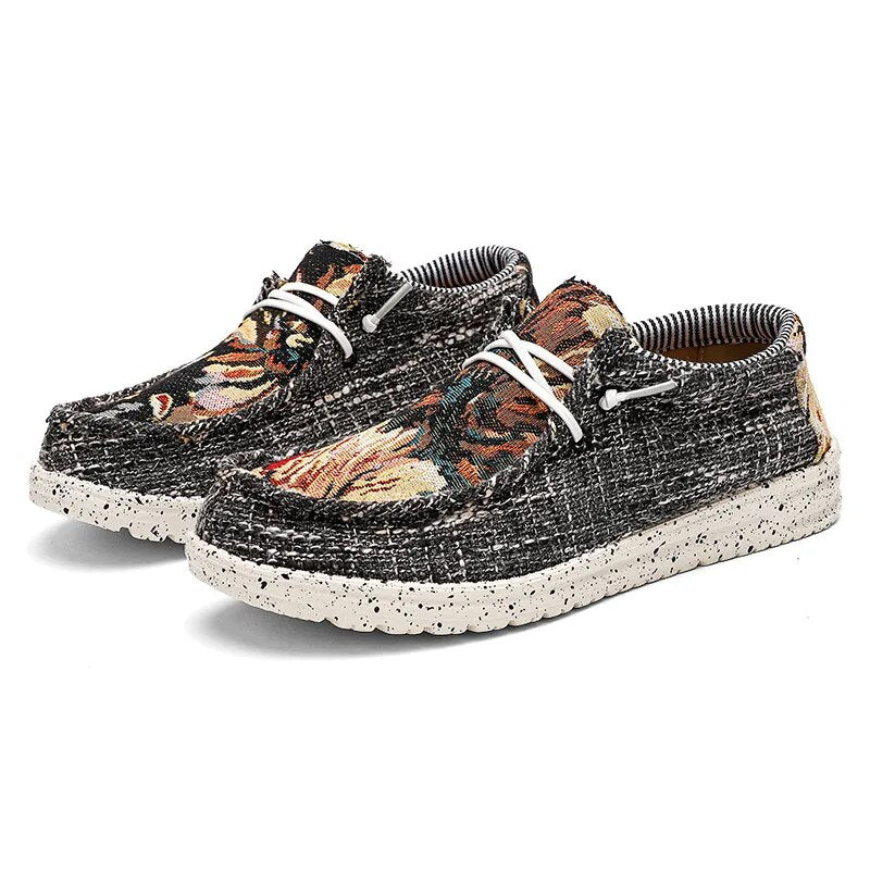 Herren-Sneaker, atmungsaktiv, Slip-On, aus Canvas, in großen Größen 38-48. Modische, leichte Freizeitschuhe mit floralem Muster.