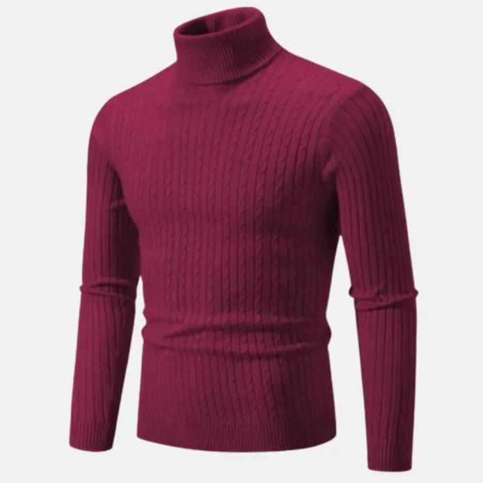 Bordeauxfarbener Rollkragenpullover aus Strick, ideal für Herbstmode. Weiches Material, elegantes Design, perfekt für stilvolle Outfits.