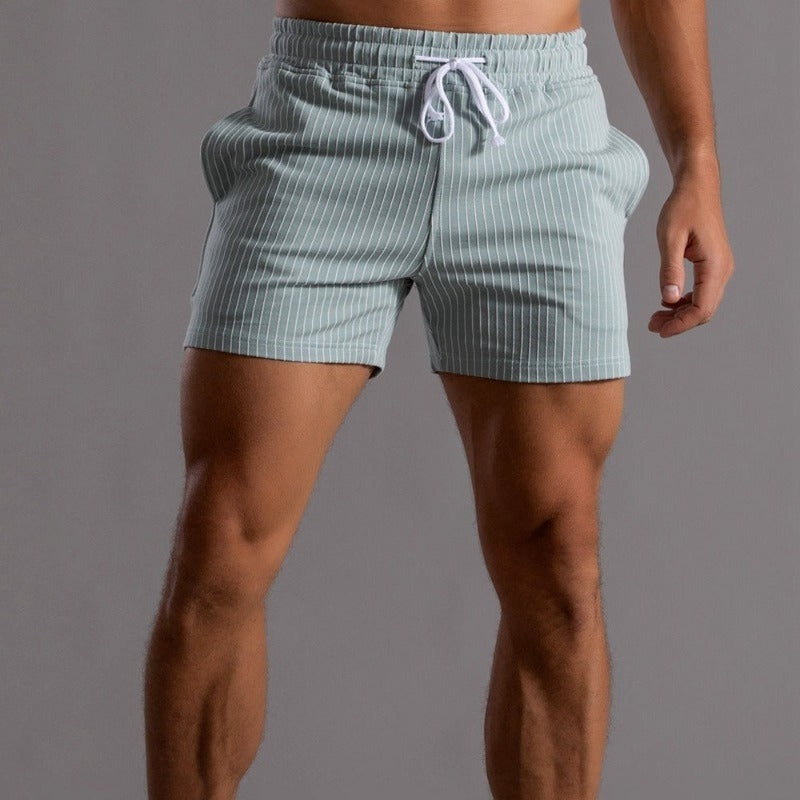 Männer-Shorts gestreift, grau-weiß, sportlich, elastisch, Kordelzug, Vitale Activewear.