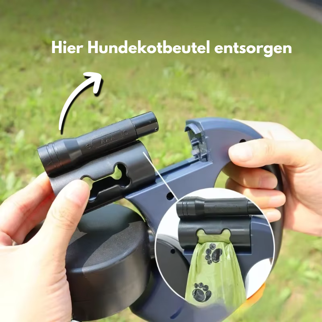 Hundeleine für zwei Hunde mit integriertem Hundekotbeutelspender, ergonomischem Griff und robustem Design. Perfekt für Spaziergänge im Freien.