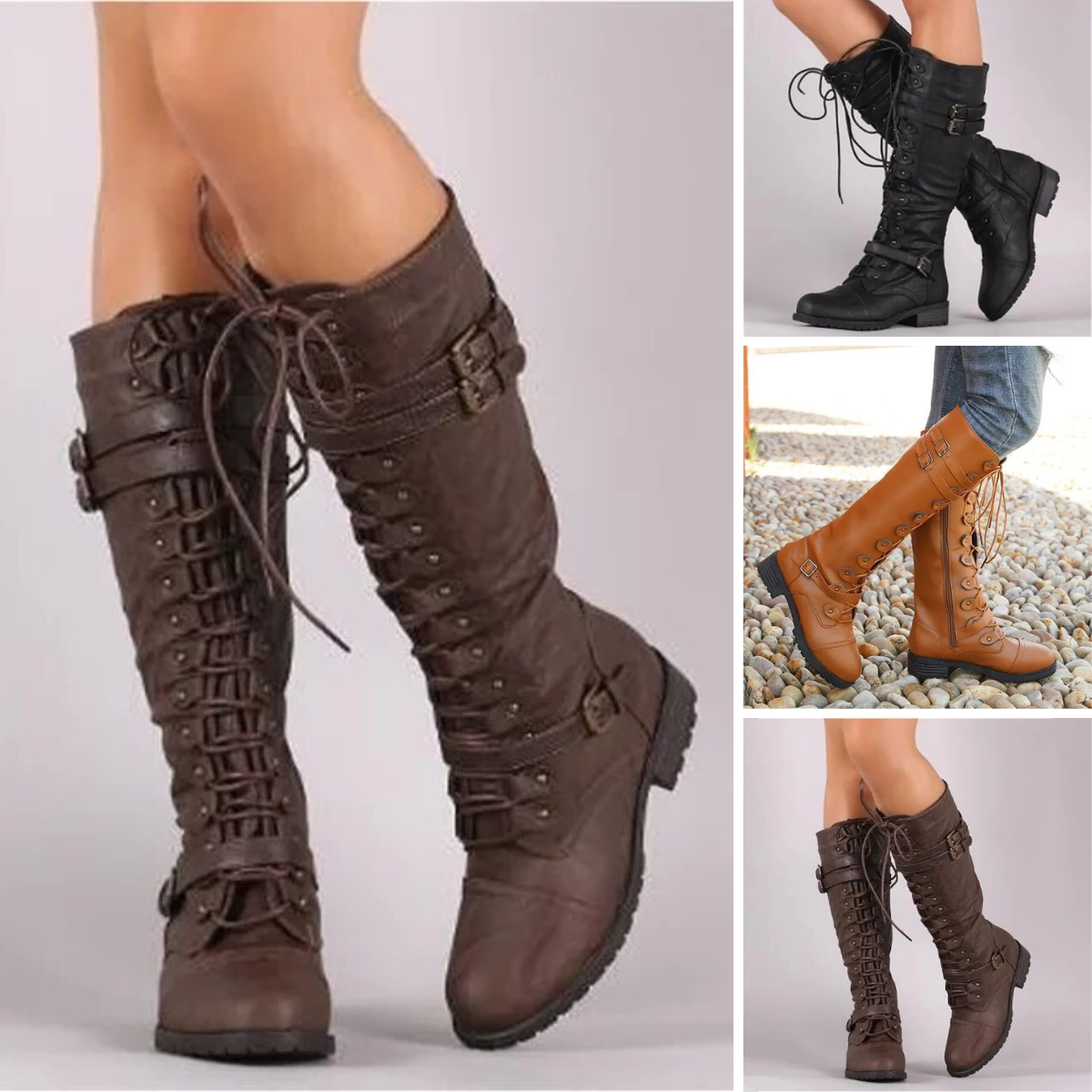 Damenstiefel aus Leder, kniehoch, mit Schnürung und Schnallen, in Braun, Schwarz und Cognac. Modisch, robust, vielseitig einsetzbar.