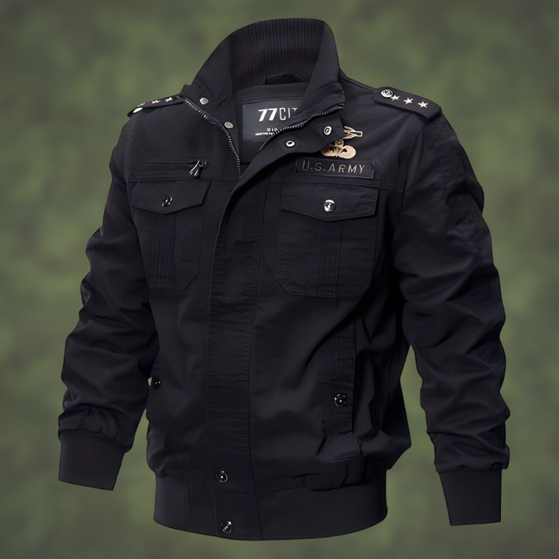 Schwarze US-Armee-Jacke mit Schulterklappen, Reißverschluss und Knopfleiste. Ideal für Herrenmode, Militärstil, Outdoor-Bekleidung.