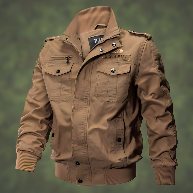 US Army Jacke in Khaki mit Reißverschluss, Brusttaschen und gerippten Bündchen. Perfekt für Outdoor, Militärstil, Herrenmode.