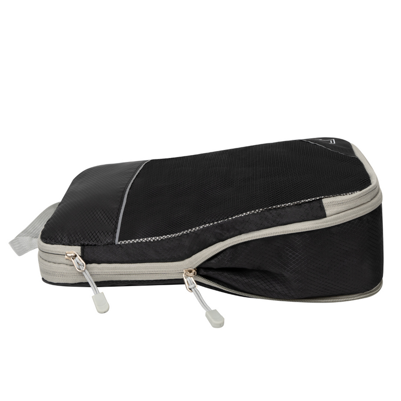 Schwarzer Reise-Organizer mit Reißverschluss, ideal für Gepäckorganisation und platzsparendes Packen.