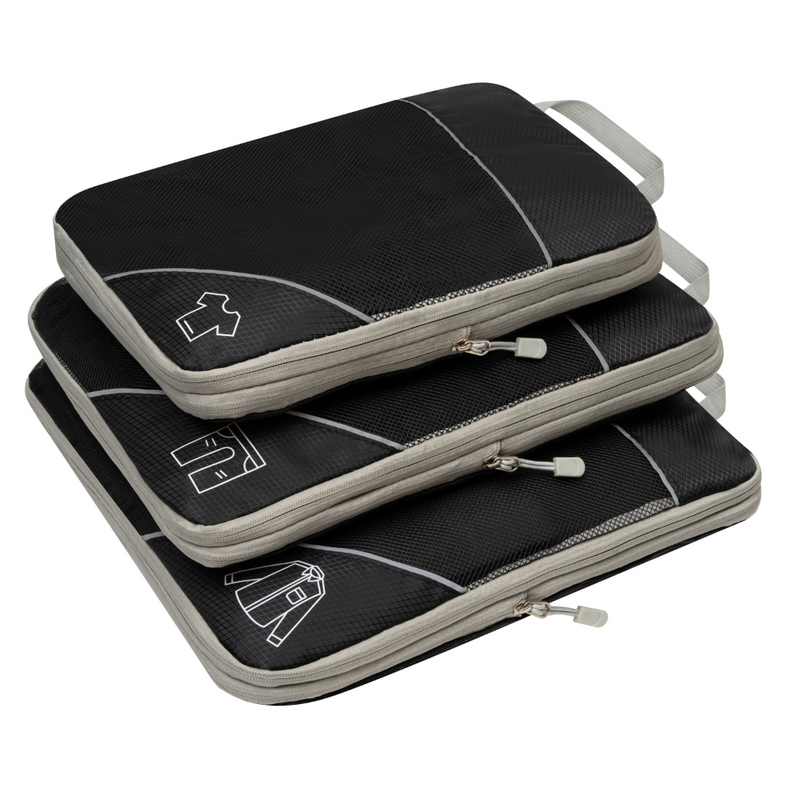 Drei schwarze Packwürfel mit Reißverschluss und Griff, ideal für Reisen und Gepäckorganisation.