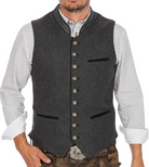 Graue Trachtenweste für Herren, stilvoll und einzigartig, mit Knöpfen und Taschen. Perfekt für traditionelle Anlässe und Oktoberfest-Outfits.