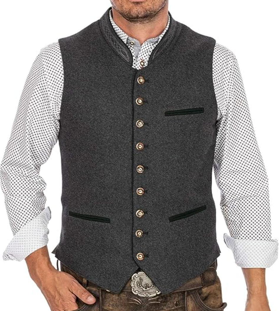 Graue Trachtenweste für Herren, stilvoll und einzigartig, mit Knöpfen und Taschen. Perfekt für traditionelle Anlässe und Oktoberfest-Outfits.