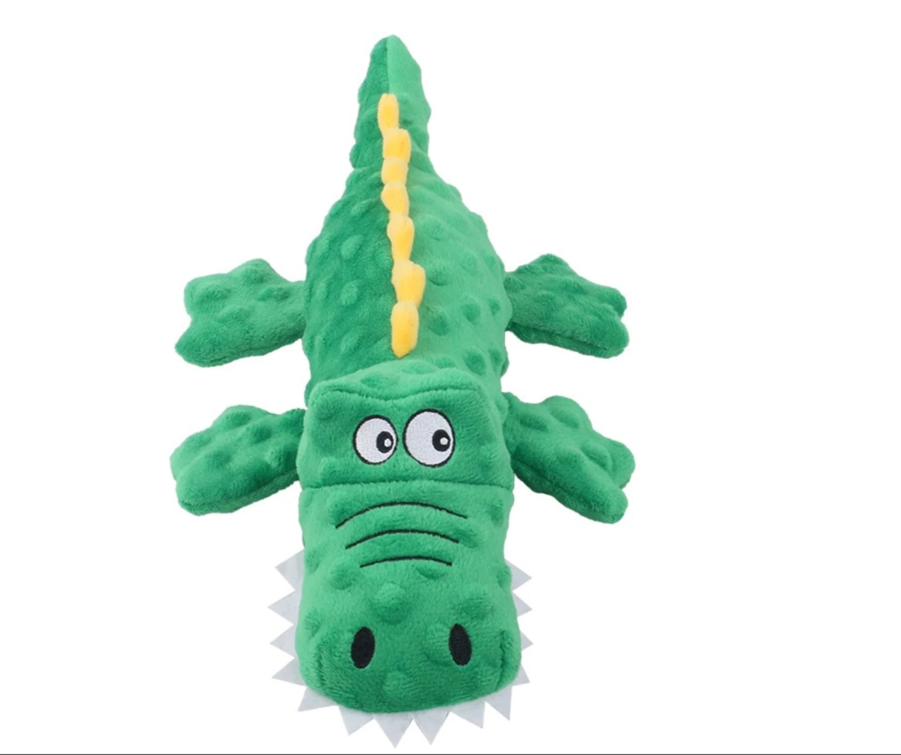 Grünes Krokodil-Plüschtier mit gelbem Rückenstreifen, weichem Material und niedlichem Design. Perfektes Kuscheltier für Kinder.