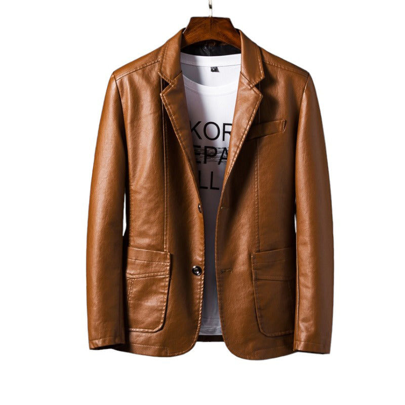 Herren-Lederjacke, braun, mit Reverskragen. Eleganter, schlanker PU-Blazer im koreanischen Stil. Perfekt für Business und Mode.