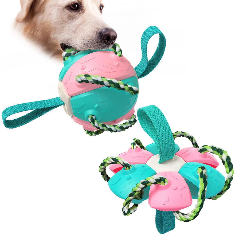 Hundespielzeug Ball mit Seilen, interaktives Kauspielzeug, robust und langlebig, ideal für Apportieren und Zahnpflege, in Pink und Türkis.