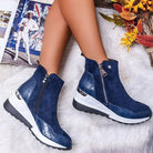 Damen-Sneaker-Stiefeletten, blau, mit Keilabsatz und Reißverschluss, rutschfest, ideal für Herbst/Winter. Modische, bequeme Lederschuhe.