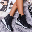 Damen-Sneaker-Stiefeletten mit Keilabsatz, Herbst-Winter, rutschfest, Reißverschluss, Leder, modisch, bequem, ideal für Casual-Outfits.