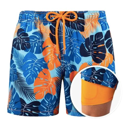 Bunte Herren-Badeshorts mit tropischem Blattmuster, blau-orange, elastischer Bund.