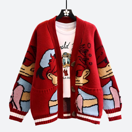 Disney Strickjacke mit Donald Duck Cartoon, rot, für Damen. Perfekt für Herbst und Winter. Modischer, bequemer Pullover, ideal für Fans.