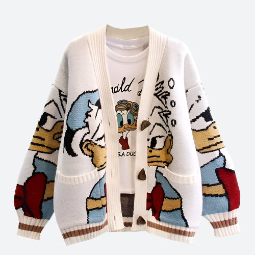 Disney Strickjacke mit Donald Duck Motiv, Cartoon-Pullover für Damen, ideal für Herbst und Winter, lässig und modisch, japanischer Stil.
