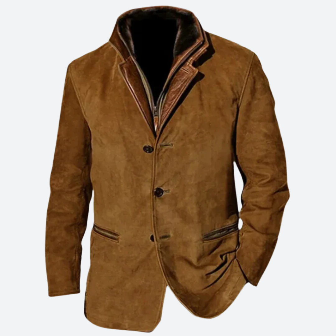 Eleganter brauner Wildlederblazer für Herren, ideal für Herbstmode. Hochwertige Verarbeitung, stilvoller Look, perfekt für Business und Freizeit.
