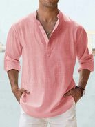 Leinenhemd Herren, rosa, lässig, langärmlig, Knopfleiste, Sommermode, atmungsaktiv, ideal für Freizeit und Strand, stilvoll und bequem.