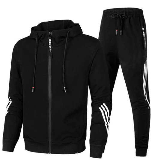 Schwarzer Herren-Trainingsanzug mit Kapuzenjacke und Jogginghose, ideal für Fitness und Freizeit. Sportbekleidung, bequem, modern.